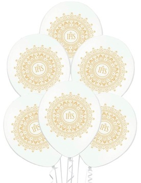 BALONY BIAŁE METALLIC IHS ZŁOTY ORNAMENT PIERWSZA KOMUNIA 30CM-6 SZTUK-3613
