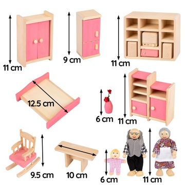 ДЕРЕВЯННЫЙ КОМПЛЕКТ МЕБЕЛИ ДЛЯ КУКОЛЬНОГО ДОМИКА КУКЛИЧНАЯ КРОВАТЬ ШКАФ ХОЛОДИЛЬНИК КНИЖНЫЙ ШКАФ