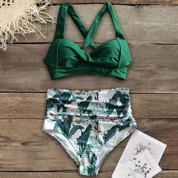 STRÓJ KĄPIELOWY DWUCZĘŚCIOWY KOSTIUM WYSOKI STAN BOHO BIKINI WIĄZANIE XL 42