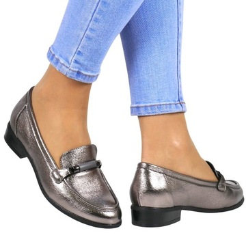 MOKASYNY Z ŁAŃCUSZKIEM PÓŁBUTY PŁASKIE BUTY DAMSKIE WSUWANE PEWTER SREBRNE