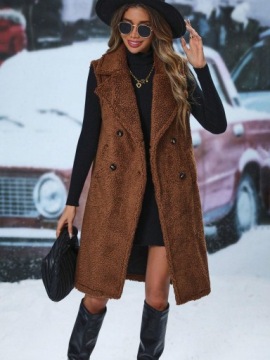 КОРИЧНЕВЫЙ ДВУХКОРИЧНЕВЫЙ ДЛИННО-КОРИЧНЕВЫЙ ПЛЮШОВЫЙ ЖИЛЕТ SHEIN 44