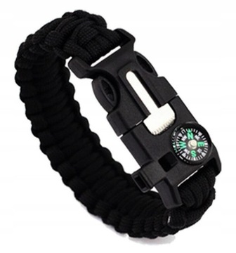 BRANSOLETKA 5w1 PARACORD KRZESIWO KOMPAS CZARNA