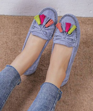 BALERINY ZAMSZOWE MOKASYNY CHWOSTY NIEBIESKIE 37