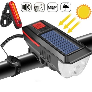 КОМПЛЕКТ СВЕТОДИОДНЫХ ВЕЛОСИПЕДНЫХ ФАР, СОЛНЕЧНАЯ ЗАРЯДКА, ВОДОНЕПРОНИЦАЕМЫЙ, 120 ДБ