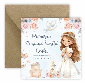 Zaproszenia na komunię dla dziewczynki z imieniem i kopertami