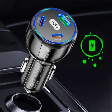 БЫСТРОЕ АВТОМОБИЛЬНОЕ ЗАРЯДНОЕ УСТРОЙСТВО 2xUSB-C C PD 30 Вт + USB QC 3.0 СИД МОЩНЫЙ ЧЕРНЫЙ