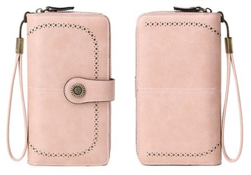 Brązowy elegancki skórzany portfel damski skóra system RFID, pasek na rękę