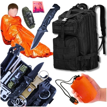 KOMPLET WYJAZDOWY - CZARNY PLECAK 35L + ŚPIWÓR ULTRALEKKI + ZESTAW SURVIVAL