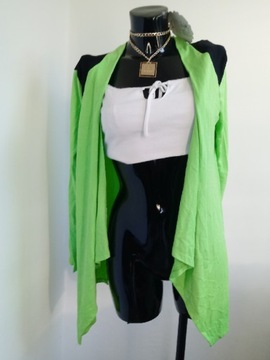 Neonowy wiskozowy zielony sweterek narzutka M neon fluo waterfall kardigan