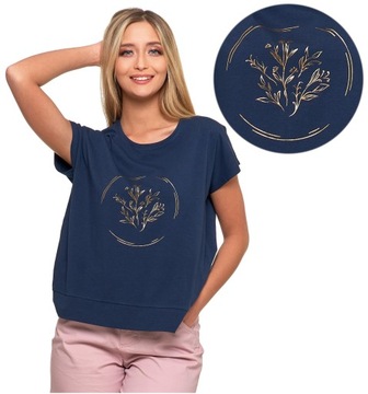 Bluzka Damska Oversize T-Shirt na Krótki Rękaw Nadruk Złote Kwiaty MORAJ XL