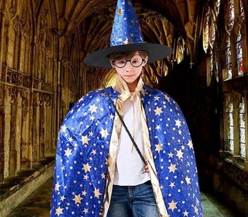 STRÓJ CZARODZIEJA CZAROWNICA CZARODZIEJ MAGIK PRZEBRANIE PELERYNA ZESTAW NB