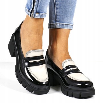 PÓŁBUTY DAMSKIE MOKASYNY PLATFORMA GRUBA PODESZWA LORDSY CZARNE POTOCKI