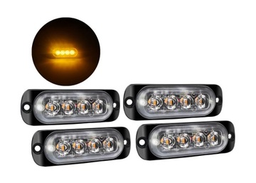 4x LAMPA OSTRZEGAWCZA OBRYSOWA STROBOSKOP 4 LED pomarańczowa 12V 24V