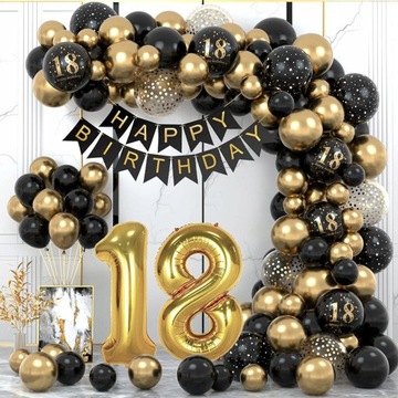 ZESTAW DEKORACJI 18 URODZINY balony CZARNE złote