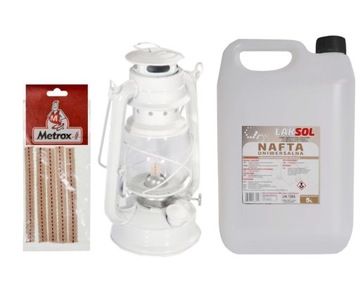 Zestaw: lampa naftowa biała, knoty, nafta 5 l