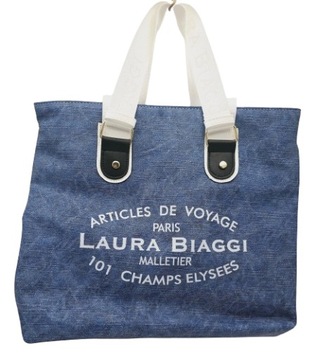 Laura Biaggi – sportowa torebka shopper ciemny niebieski jeans nadruk JS157