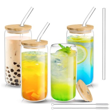 4x BIDON KUBEK szklany z bambusowa pokrywa i słomką 500 ml