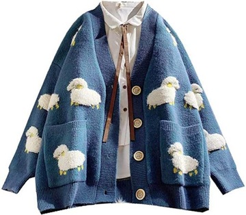 SWETER NIEBIESKI W OWIECZKI KARDIGAN Z GUZIKAMIM