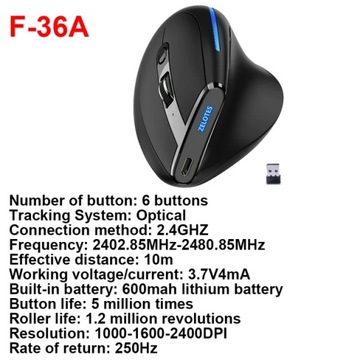 ZELOTES F-26C myszka pionowa stacjonarny ergonomiczny 3200DPI 2.4G