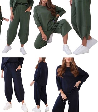 ELEGANCKI WŁOSKI KOMPLET BAWEŁNIANY BLUZA SPODNIE DRESOWY OVERSIZE M