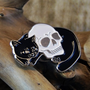 Pin Przypinka cat skull czarny kot czaszka goth