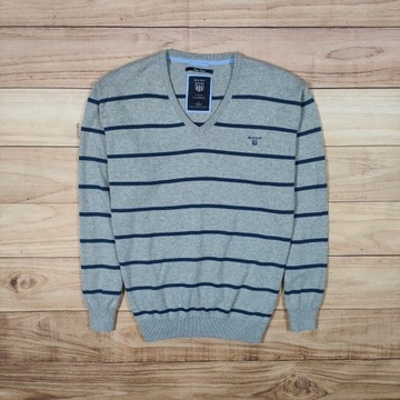 GANT Sweter Męski V Neck w Paski Logowany r. XL