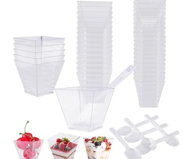 Kubeczki Szklanki do deserów Plastikowe, 50szt. 60 ml +łyżeczki
