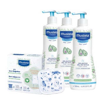 MUSTELA 3xDelikatny żel 500 ml + ECO Chusteczki wielokrotnego użytku GRATIS