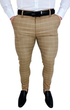 Bezowe spodnie meskie slim fit w krate 2039 - 40
