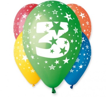 Balony kolorowe na trzecie 3 urodziny DUŻE 5 szt