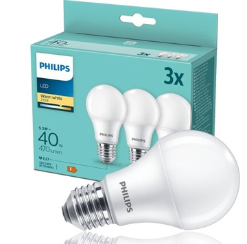 PHILIPS ZESTAW 3x Żarówka LED E27 5,5W = 40W 2700K CIEPŁA BIAŁA 470lm A60