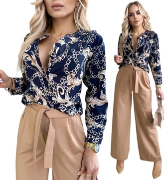 BLUZKA DAMSKA koszula luźna elegancka wzorzysta dekolt guziki