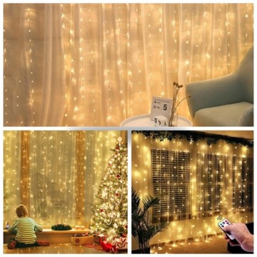 Световая завеса 300 LED ТЕПЛЫЙ БЕЛЫЙ Гирлянда Лампы 2700К 3х3м USB + пульт ДУ