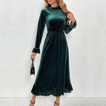 2024 Women Velvet Maxi Dress Long Sleeve Pleated D