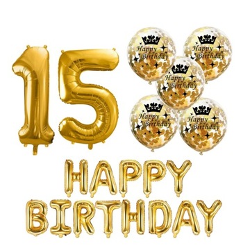 ZESTAW balony HAPPY BIRTHDAY na 15 URODZINY konfetti 100 cm