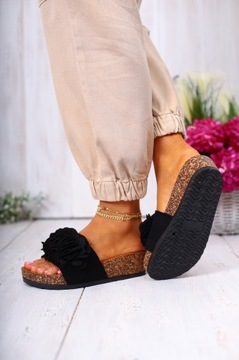 CZARNE KLAPKI DAMSKIE LETNIE WYGODNE PROFILOWANE NA KORKU