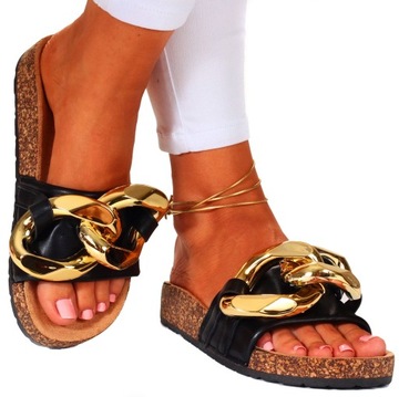 ТАПОЧКИ ЖЕНСКИЕ С ПРОБКОЙ, ЧЕРНЫЕ, ПРОФИЛИРОВАННАЯ ЦЕПОЧКА