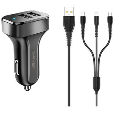 USAMS Ładowarka samochodowa 2xUSB C13 2,1A 3w1 microUSB/USB-C/lightning