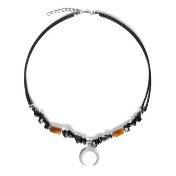 NASZYJNIK MĘSKI KORALIKI Z KAMIENI ONYKS TIGER EYE RÓG OBFITOŚCI