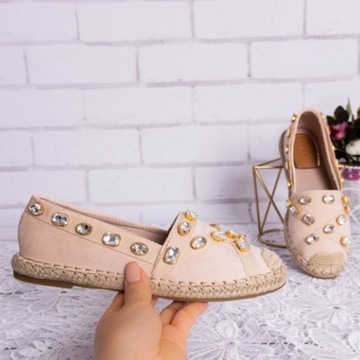 Beżowe płaskie espadryle kamienie dżety rozmiar 36