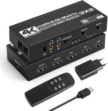 HDMI Matrix 3 x 2 - Tendak 4K 60 Hz HDMI Switch Matrix 3 In 2 Out HDMI