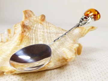 Łyżeczka srebrna z bursztynem, handmade 914-15