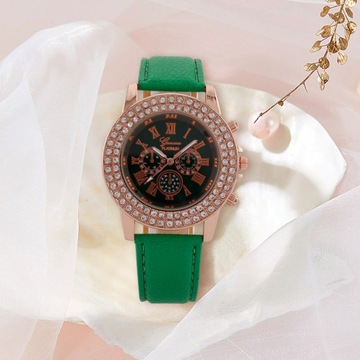 Women Quartz Watch Round Dial Rhinestone Roman Number