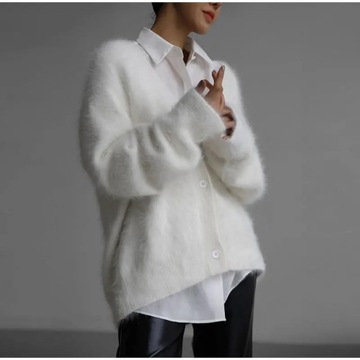 Elegant V Neck Mohair Soft Cardigan Women Loose So