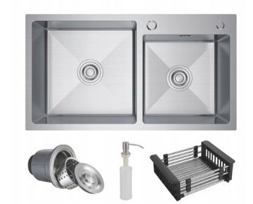 Zlew stalowy dwukomorowy srebrny Inox 78x43 + syfon + ociekacz + dozownik