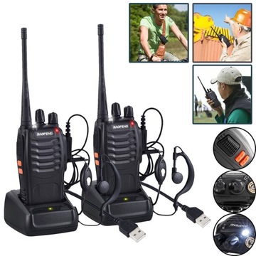 888S WALKIE TALKIE, KRÓTKOFALÓWKI, ZE SŁUCHAWKAMI I ŁADOWARKĄ USB