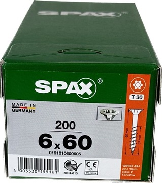 Wkręty uniwersalne do drewna 6 x 60mm SPAX WIROX BIT T30 g. stożek 200szt
