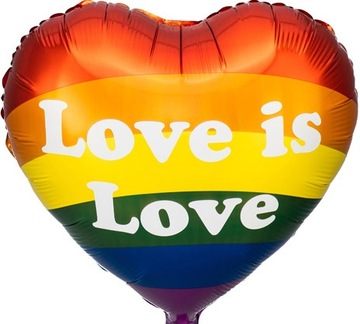 BALON FOLIOWY SERCE Z NAPISEM LOVE IS LOVE TĘCZA TĘCZOWY MIŁOŚĆ NA HEL 35CM