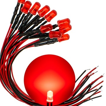 DIODY LED 12V 5mm CZERWONE MATOWE - przewody długość 20cm | komplet 10 SZT