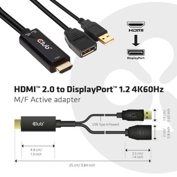 CLUB3D HDMI 2.0 TO DISPLAYPORT 1.2 4K60HZ HDR M/F АКТИВНЫЙ АДАПТЕР Черный